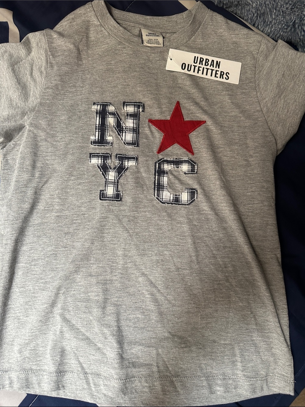 Urban Outfitters Light Grey Tee with Navy Plaid Lettering and Red Star